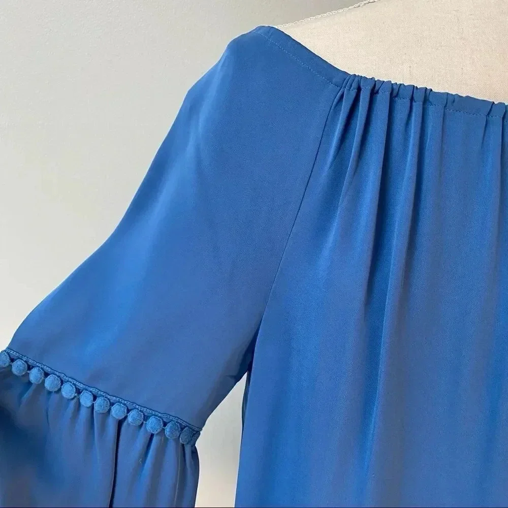 Tory Burch Sylvie 100% Silk Fringe Tunic Blouse Blue Navy Size 4